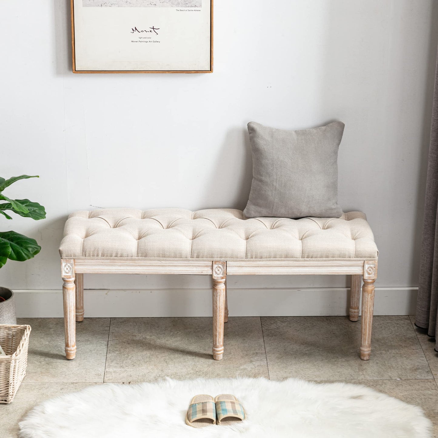 DM Furniture Tufted Dining Bench French Vintage Fabric Upholstered Wood Dining Room Bench Rustic Entryway Bench Bedroom End Bed Bench, Beige 48" Long