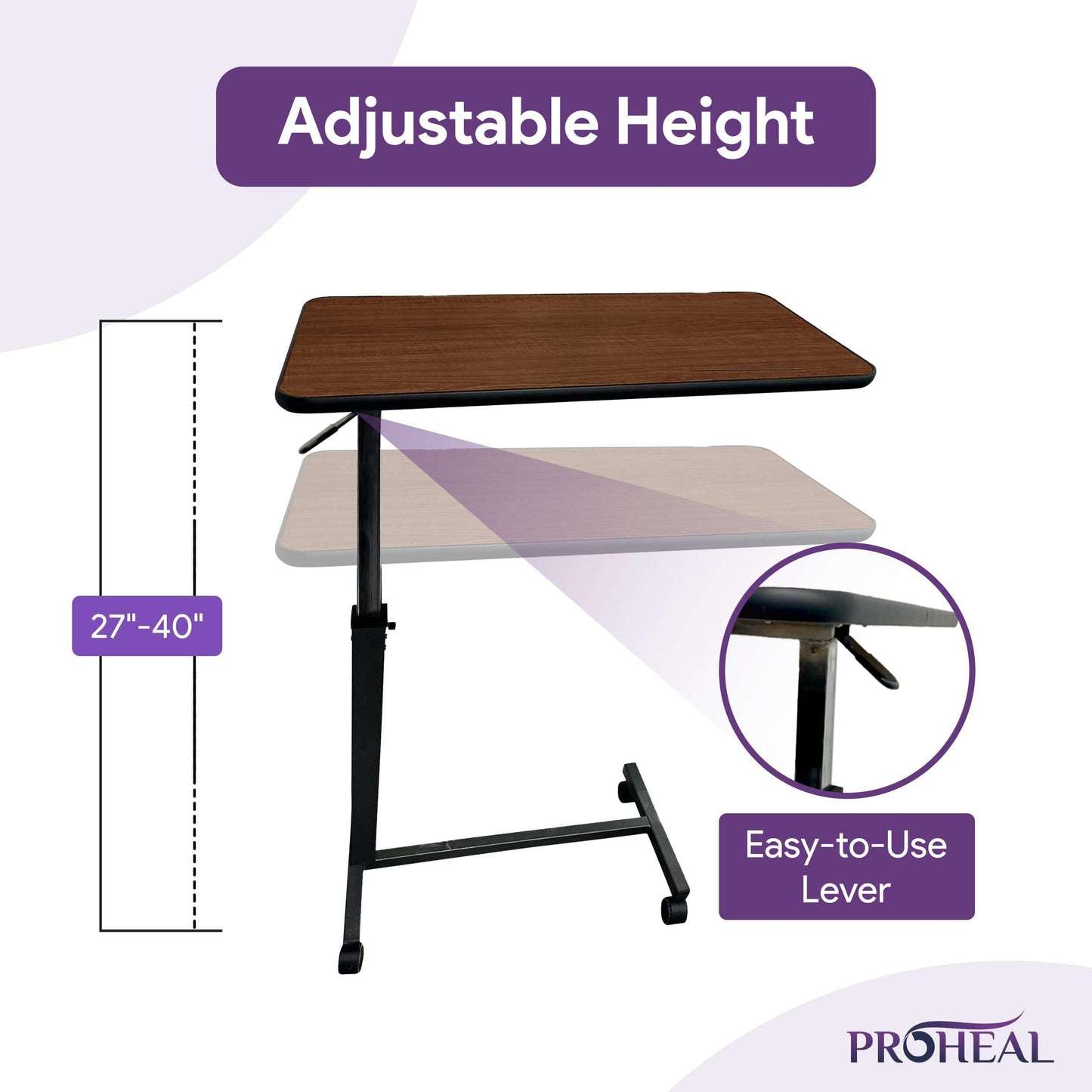ProHeal Medical Overbed Table with Wheels and Adjustable Height - Mahogany Color Rolling Over Bed Bedside Table for Hospital and Home Use