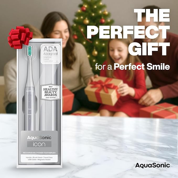 Aquasonic Icon ADA-Accepted Rechargeable Toothbrush | Magnetic Holder & Slim Travel Case | 2 Brushing Modes & Smart Timers | Gentle Micro-Vibrations (Stone)