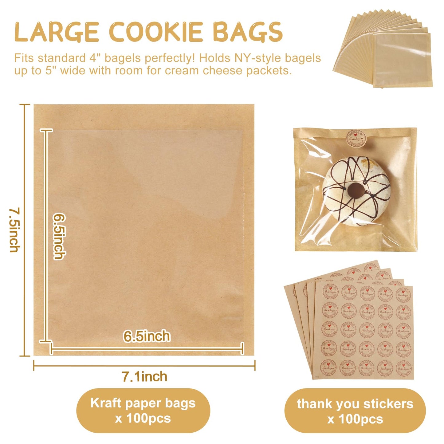 SUREHOME Paper Sandwich Bags 100 Pcs 7.1 X 7.5 In Kraft Brown Paper Bags with Window Individual Heat Seal Bakery Bag with Sticker Cookie Bag for Party Favors Snacks Treats Bread Baked Goods Packaging
