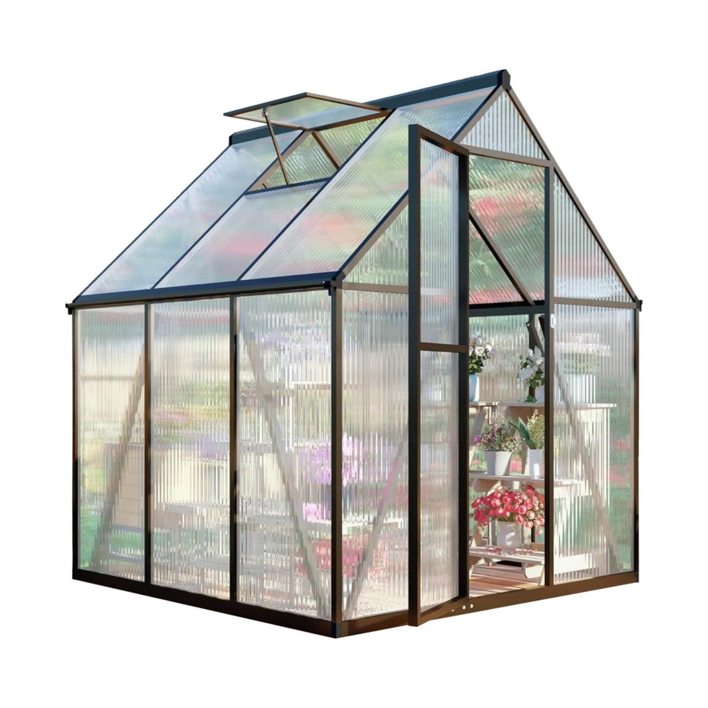 Jiliusure 6x6FT Greenhouse for Outdoors, Polycarbonate Greenhouse with Quick Setup Structure and Roof Vent, Aluminum Walk-in Green Houses for Outside Garden Backyard, Charcoal Black