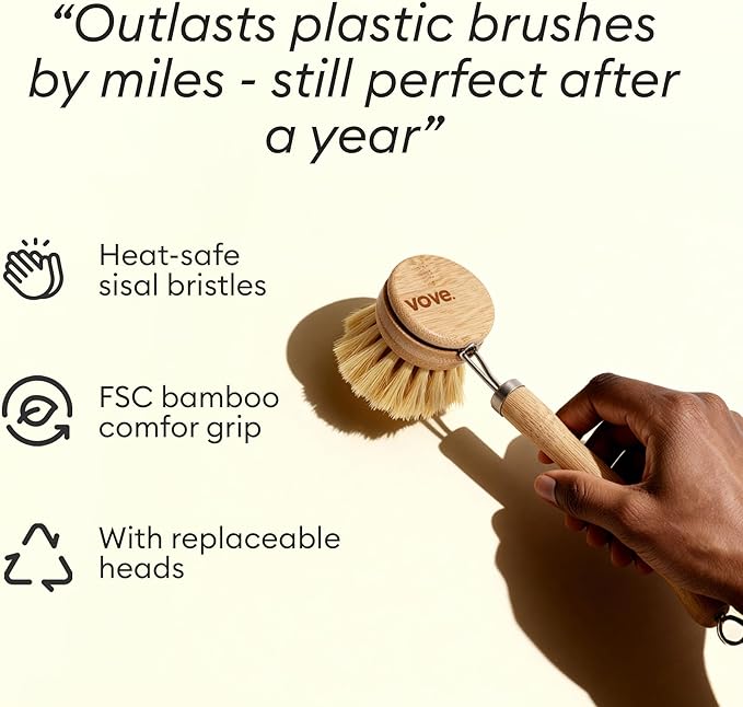 Vove Bamboo Dish Brush Replacement Heads, 4 Pack - FSC-Certified Bamboo - Natural Fiber Bristles - Compatible with Vove Dish Brush - Non-Toxic, Plastic-Free