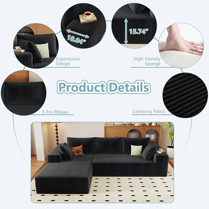 96" Cloud Sectional Couch with L-Shape Chaise, Modern Corduroy Boneless Couch for Living Room,Memory Foam Sofa with Deep Seat,No Assembly Required (Black,Left-Facing Chaise)