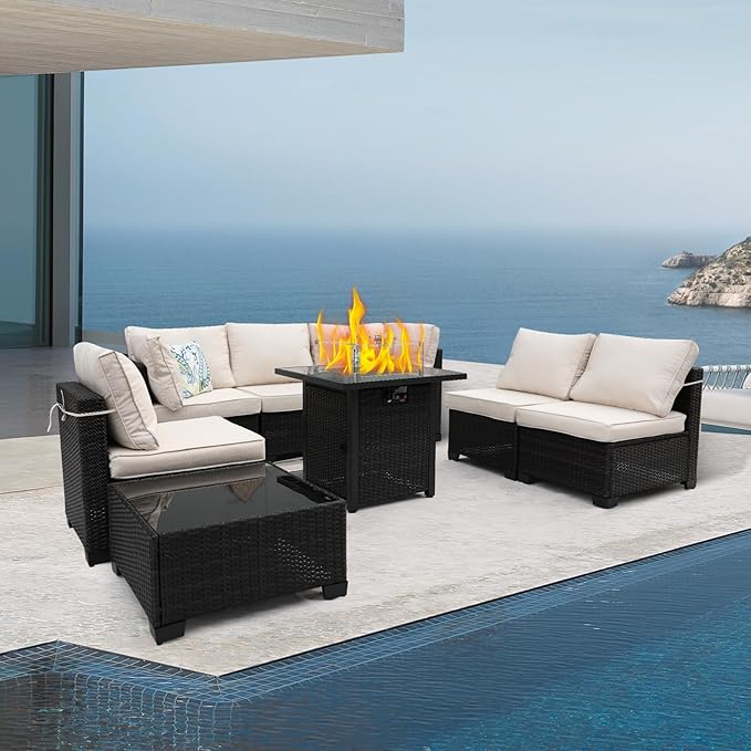 3D MATRIX 8 Pieces Patio Furniture Set with 28" Fire Pit Table, Wicker Outdoor Sectional Couch, Rattan Conversation Set for Backyard, Deck, Garden Lawn, Brown/Beige
