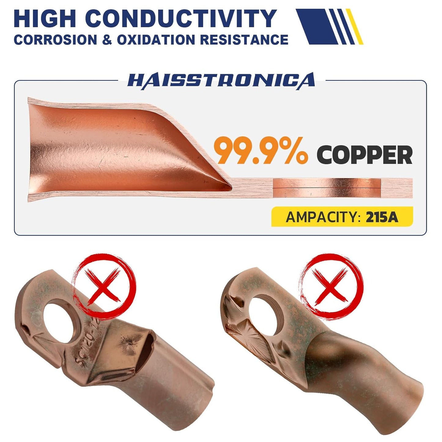 haisstronica 10pcs 1/0 AWG - 3/8"(M10) Tinned Copper Battery Lugs, Heavy Duty Copper Wire Lugs with 10pcs 3:1 Adhesive Heat Shrink Tubing, 0 Gauge Wire Lugs, Tinned Copper Battery Cable Ends
