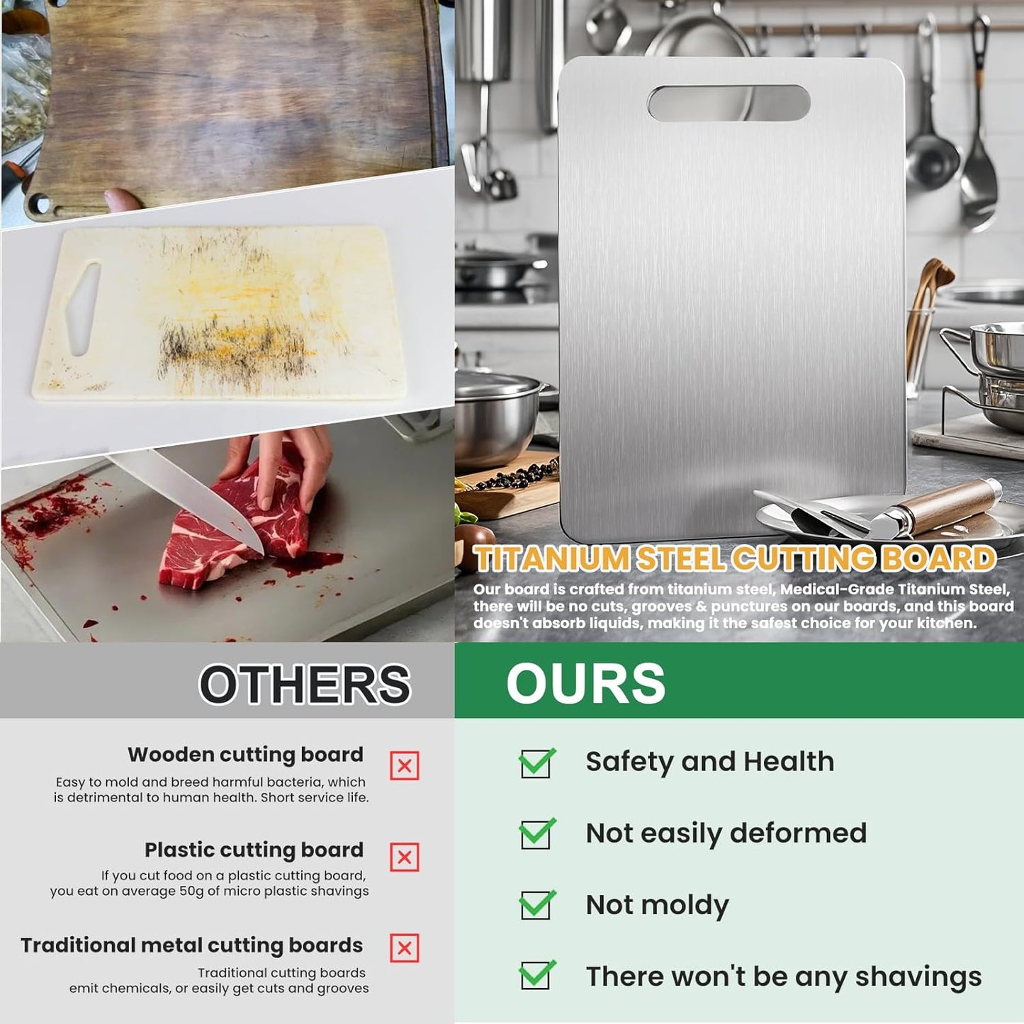 2 PackTitanium Cutting Boards 100% Pure Titanium for Kitchen .Cutting Edge Hygiene & Durability.Double sided food-grade Titanium Cutting Board For Meats Fruits And Vegetables. Easy to Clean（M+L)