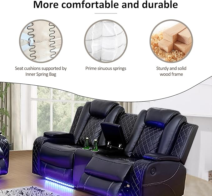 A Ainehome Luxury Furniture Sets Power Recliner Sofa Set Recliner Leather Sofas Loveseat Chair for Living Room Furniture/Small Space/Rv/House/Office/Theater Seating (F-Black,Loveseat)