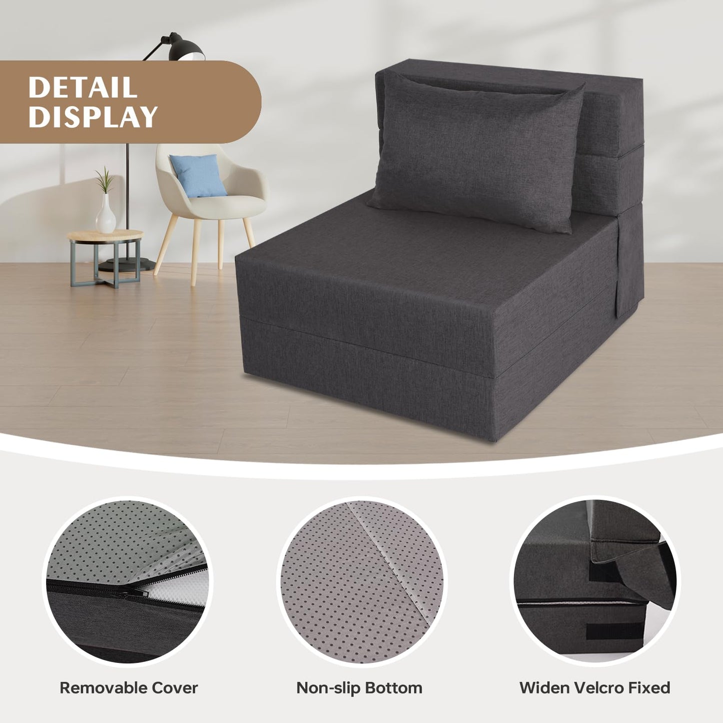 Fvkind Folding Sofa Bed, Foldable Sleeper Chair with Pillow, Convertible Futon Sofa Bed with Washable Cover, Fold Out Couch for Living Room, Dorm, Guest Room, Single Size, Dark Grey