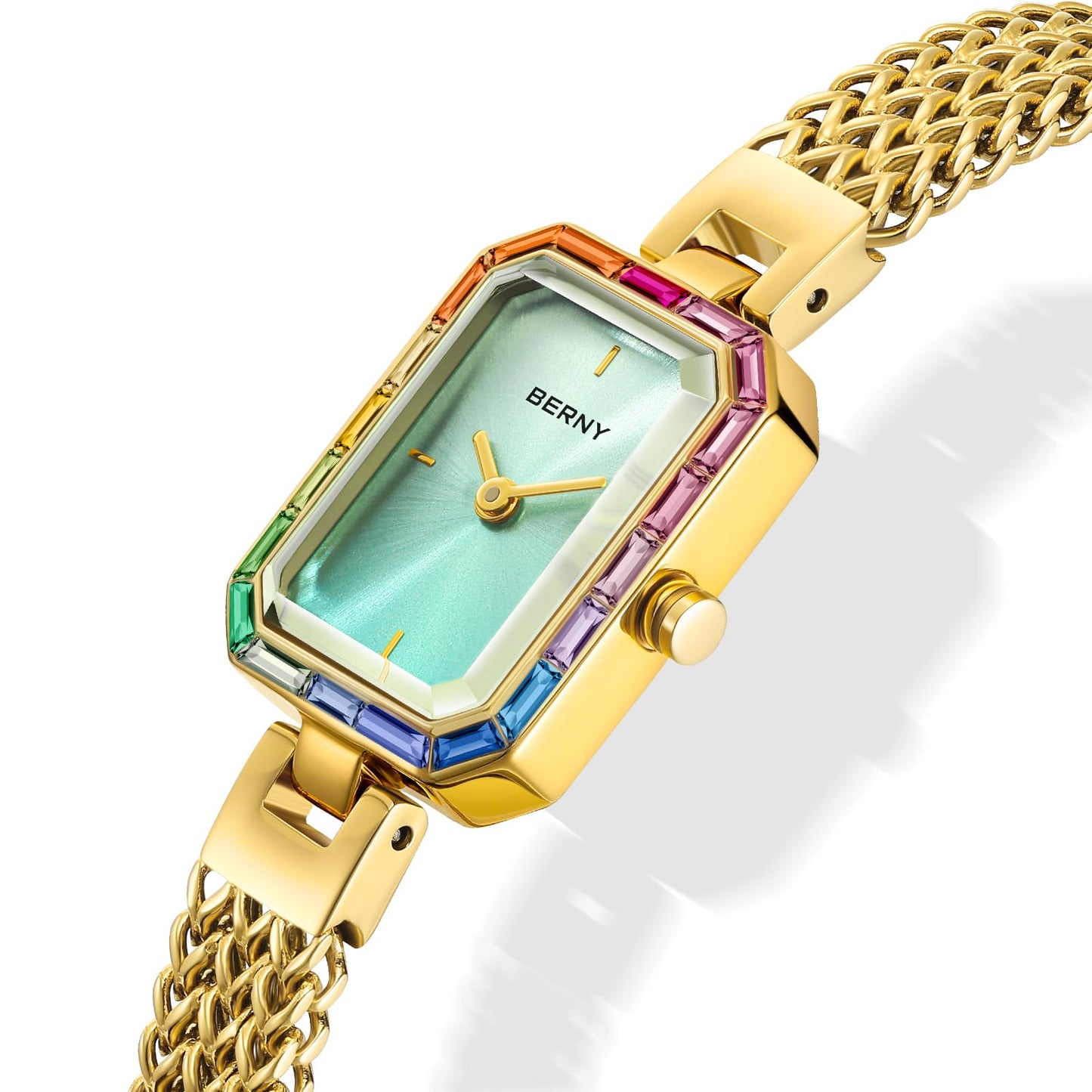 BERNY Gold Watches for Women Dainty Quartz Bracelet Watch Ladies Wrist Watch and Bracelet Set Coloured Stones Accented Fashion Luxury Birthday Gifts for Women-Glacier Blue Dial