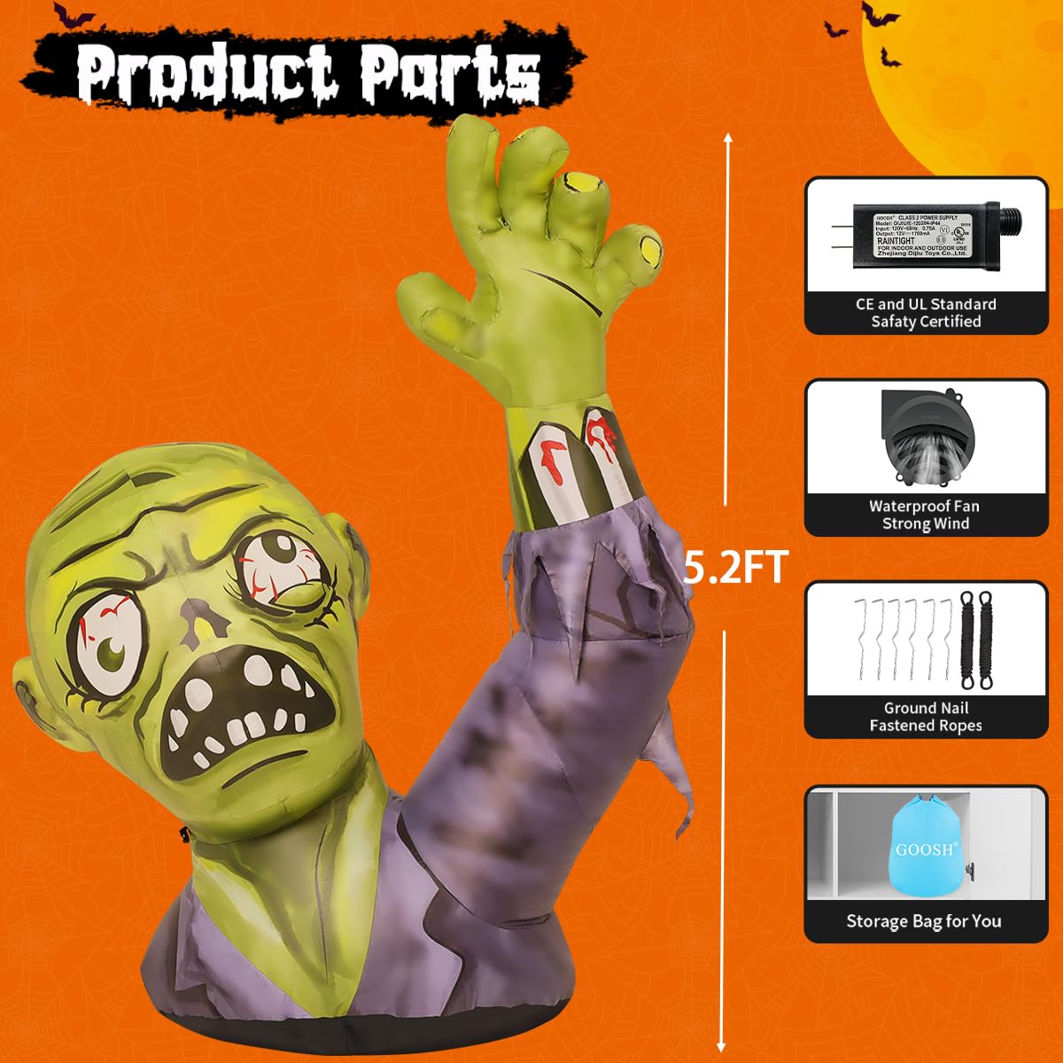 GOOSH 5.2 FT Halloween Inflatables Zombies Outdoor Decorations Blow Up Yard Terror Green Zombies Raise Hands with Built-in LEDs for Garden Lawn Indoor Decor