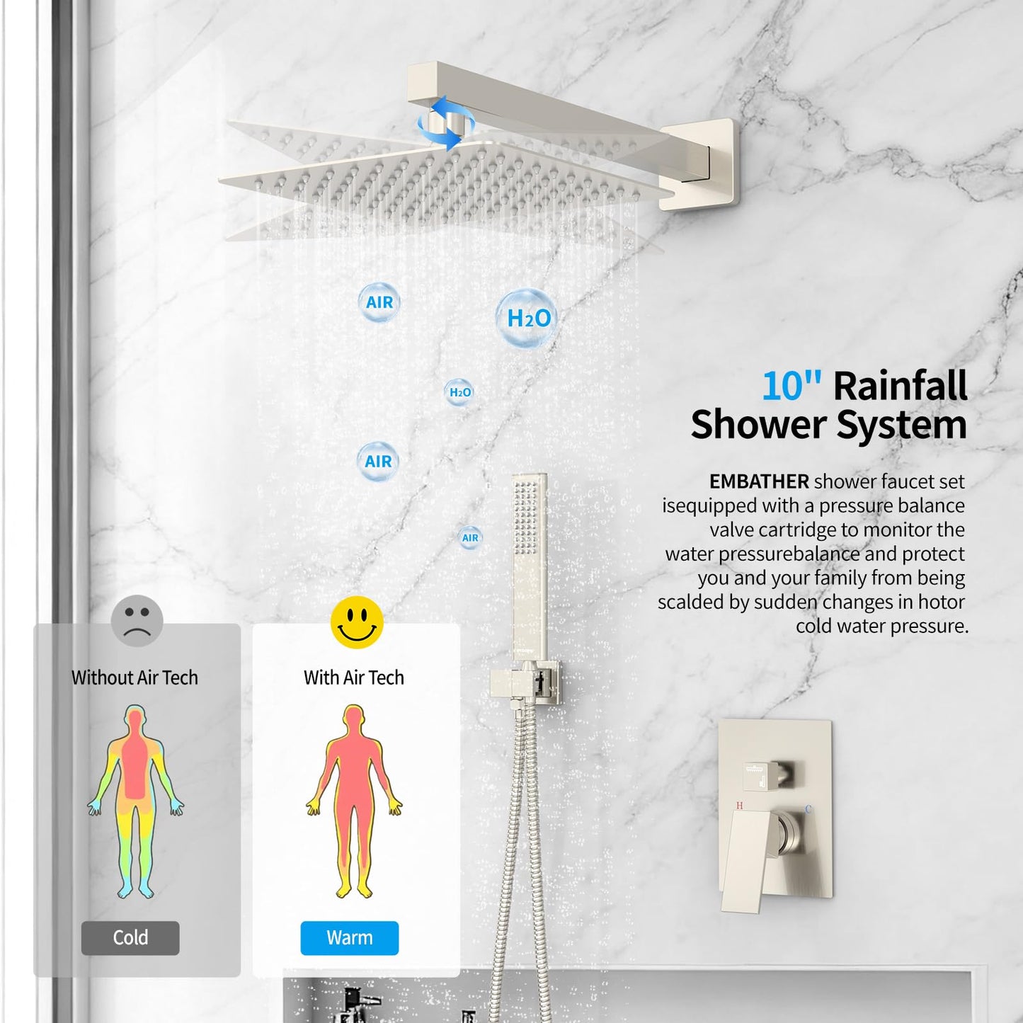 Rain Shower System Sets Faucet: EMBATHER 10 Inch Overhead Rainhead Shower Combo Set With Handheld And Valve-Luxury Modern Mixer Rainfall Brushed Nickel Shower Faucets Sets Complete