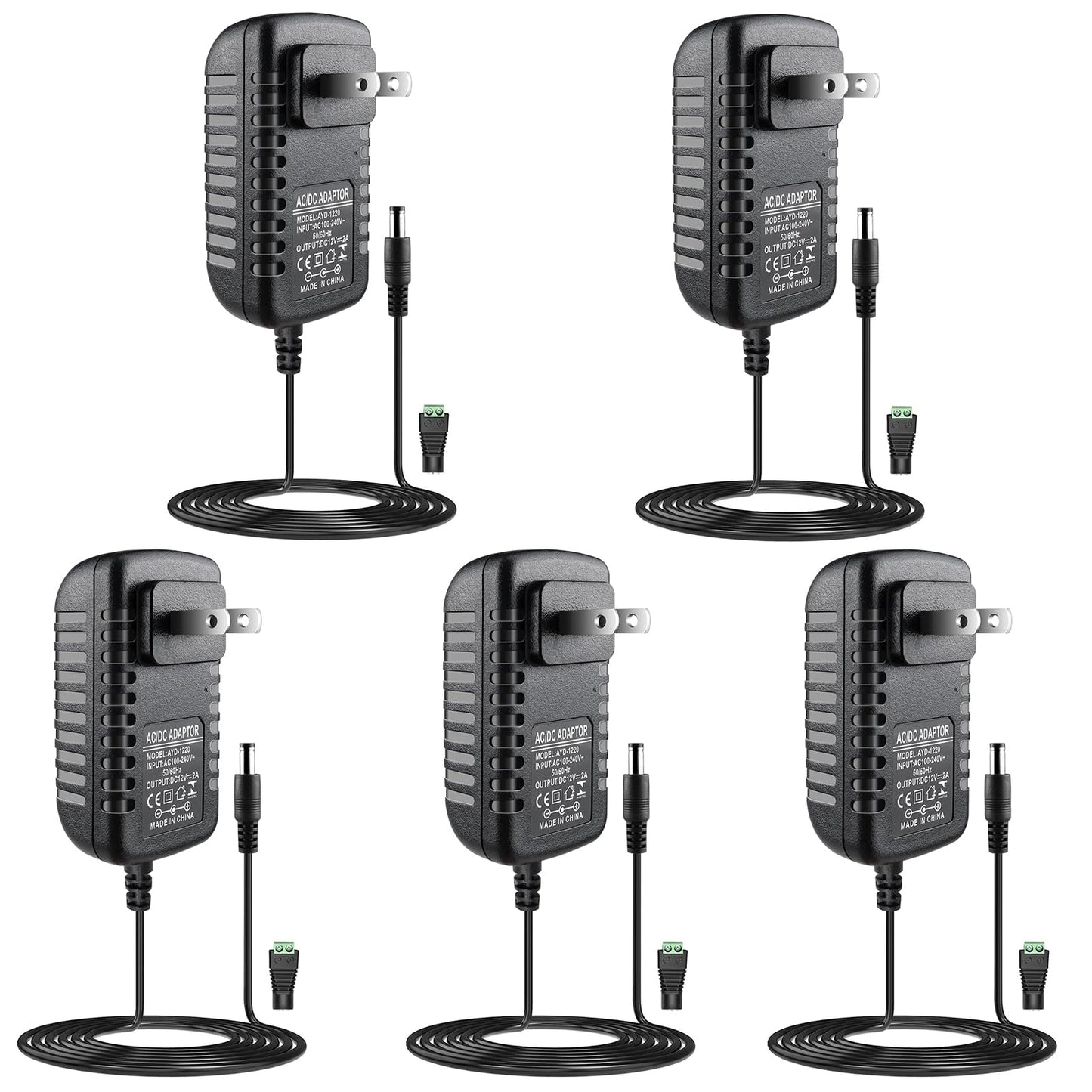 LightingWill 12V Power Supply, 24W Power Adapter, 110V AC to 12V 2A DC Power Supply, Wall Plug Transformer for Devices with 5.5/2.1mm DC Connector (5 Pack)