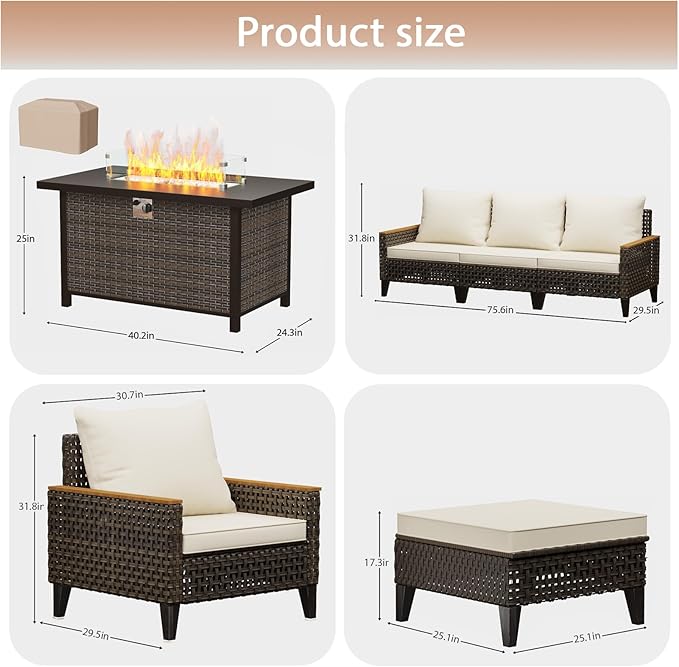 Xmkmvk 15 Piece Patio Sectional Sofa Set with 50000 BTU Fire Pit Table, All-Weather Wicker Rattan Outdoor Conversation Set, High Back, for Garden, Porch, Poolside, Beige