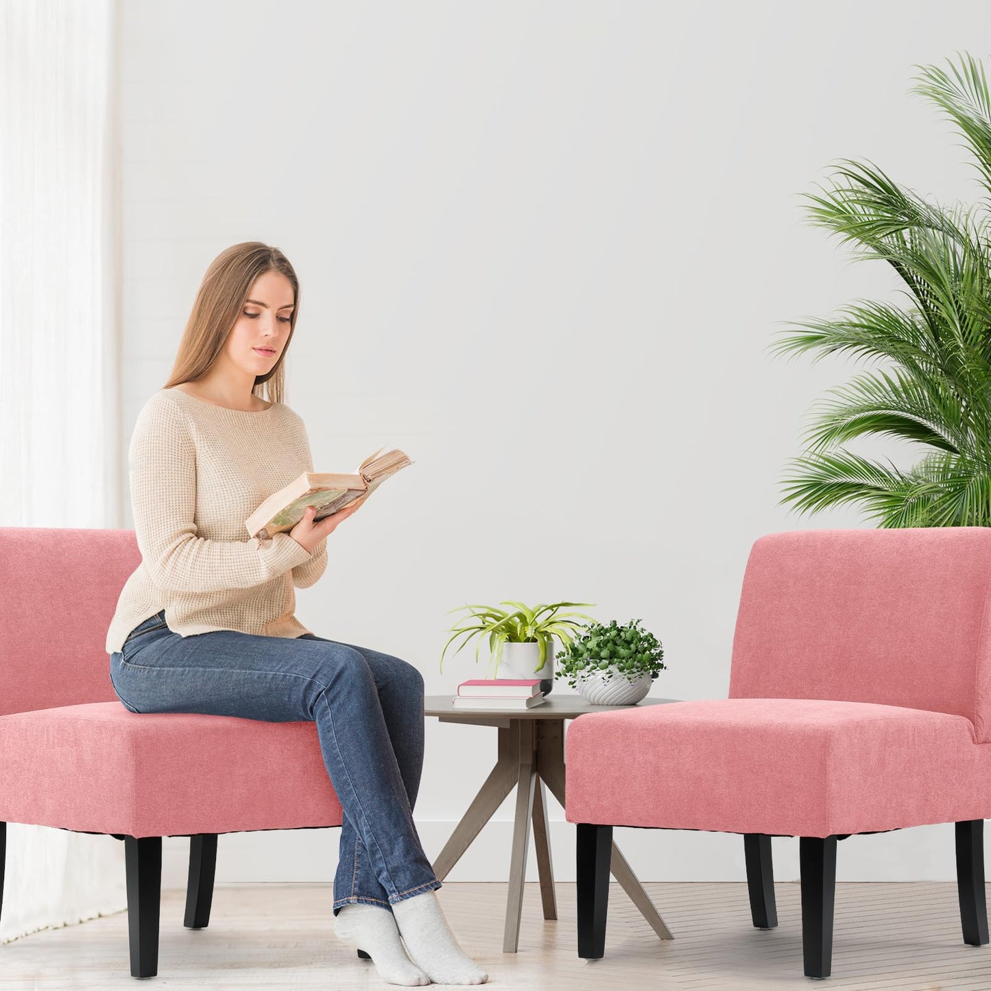 Athena Collection Armless Accent Chairs Set of 2, Comfy Linen Fabric Upholstered Slipper Chair with Wooden Legs for Living Room, Bedroom, Dorm, Balcony, Pink