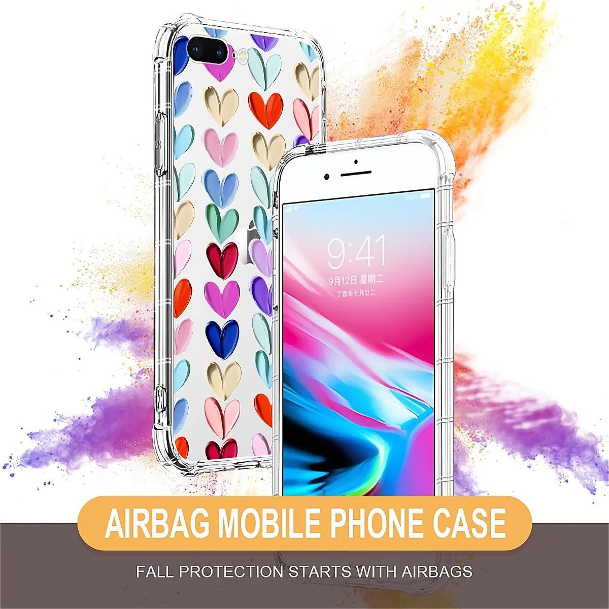 Tamefox Case Compatible With Clear Iphone 8 Plus 7 Plus,Oil Painted Heart Slim-Fit Shock-Resistant Raised Bezel Camera Protectio