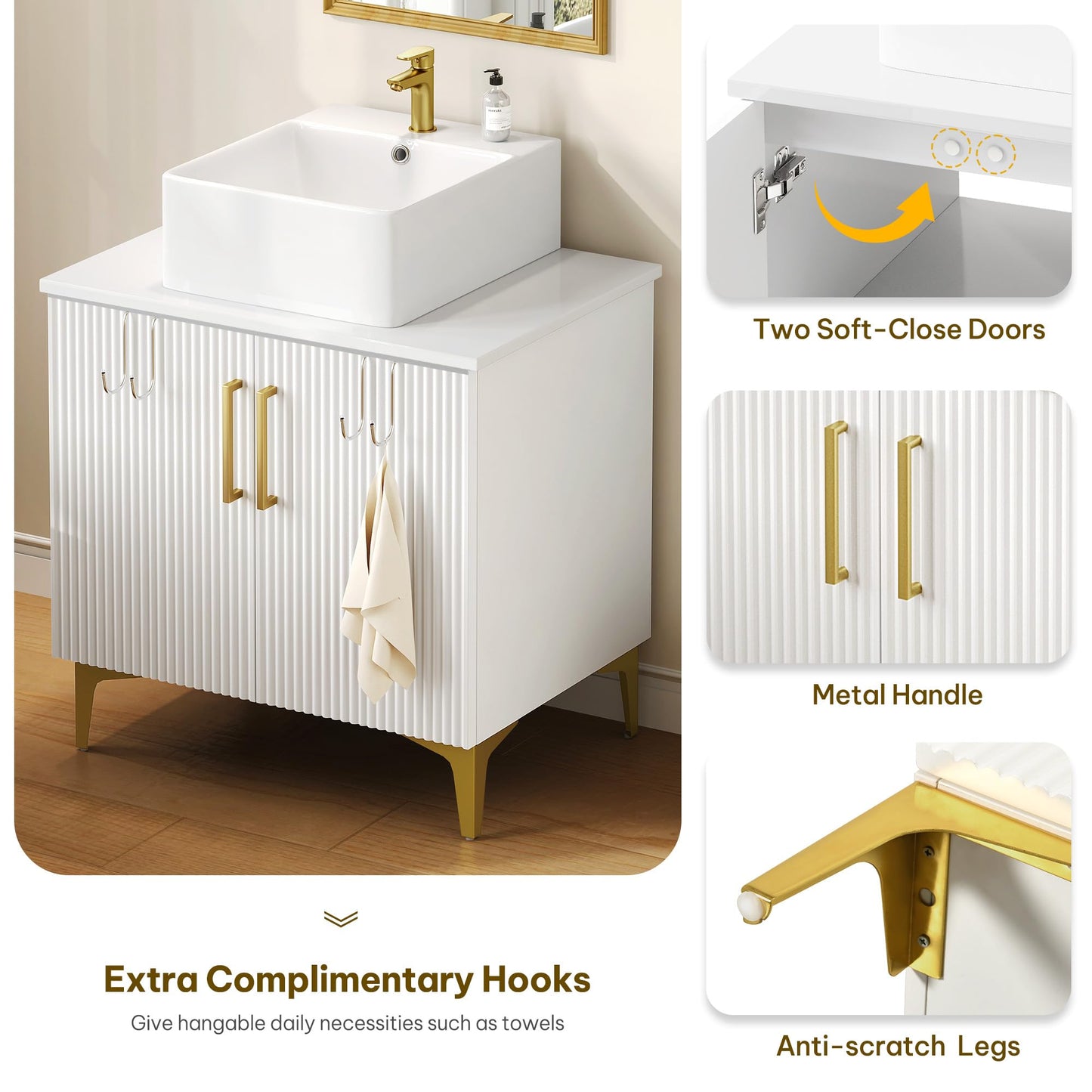 YITAHOME 30 Inch Bathroom Vanity with Ceramic Vessel Sink, Modern Vanity Cabinet with Gold Handles, Pre-drilled Faucet Hole, Soft Close Doors for Bathroom