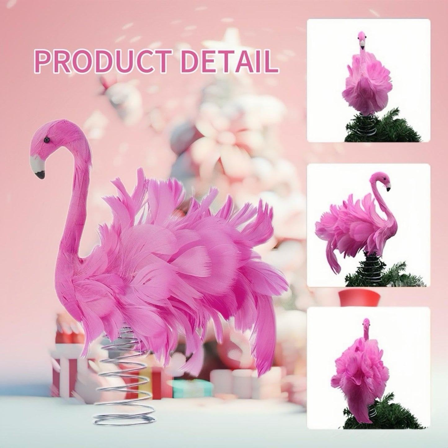 Pink Flamingo Christmas Tree Topper, Flamingo Tree Toppers with Fluffy Artificial Feathers, Christmas Home Holiday Ornament (Pink, 9.8" * 9.1" * 5")