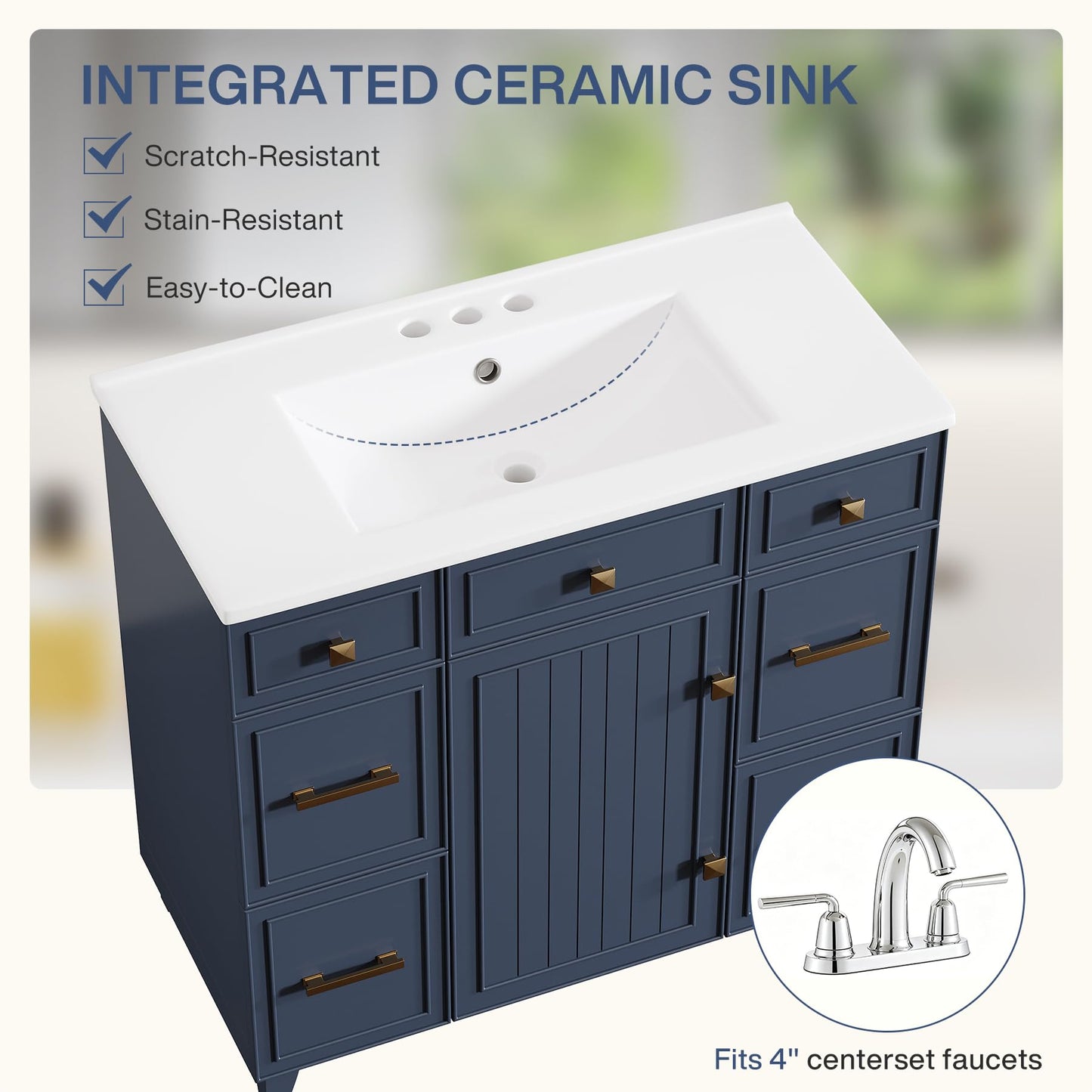 Tribesigns 36 Inch Bathroom Vanity with Sink, Modern Bathroom Cabinet with Soft-Closing Door & 4 Drawers, Adjustable Shelf, Solid Wood Frame Bath Storage Vanity Sink with Metal Handles, Navy Blue