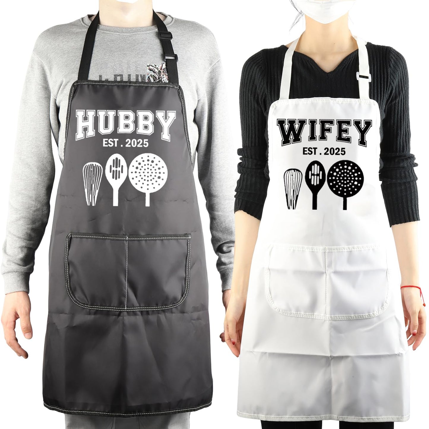 MBMSO Hubby Wifey Cooking Aprons for Couples Apron Sets Hubby and Wifey Est 2025 Wedding Gift for Newlywed His and Hers Apron (Hubby&Wifey Apron-Sets)