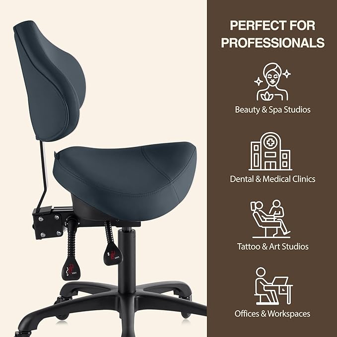 Pneumatic Swivel Rolling Saddle Stool with Wheels and Back Support for Hair Stylist, Hygienic Clinic Spa Massage, Home, Office - 510 KOA (Queen Blue, Standard)