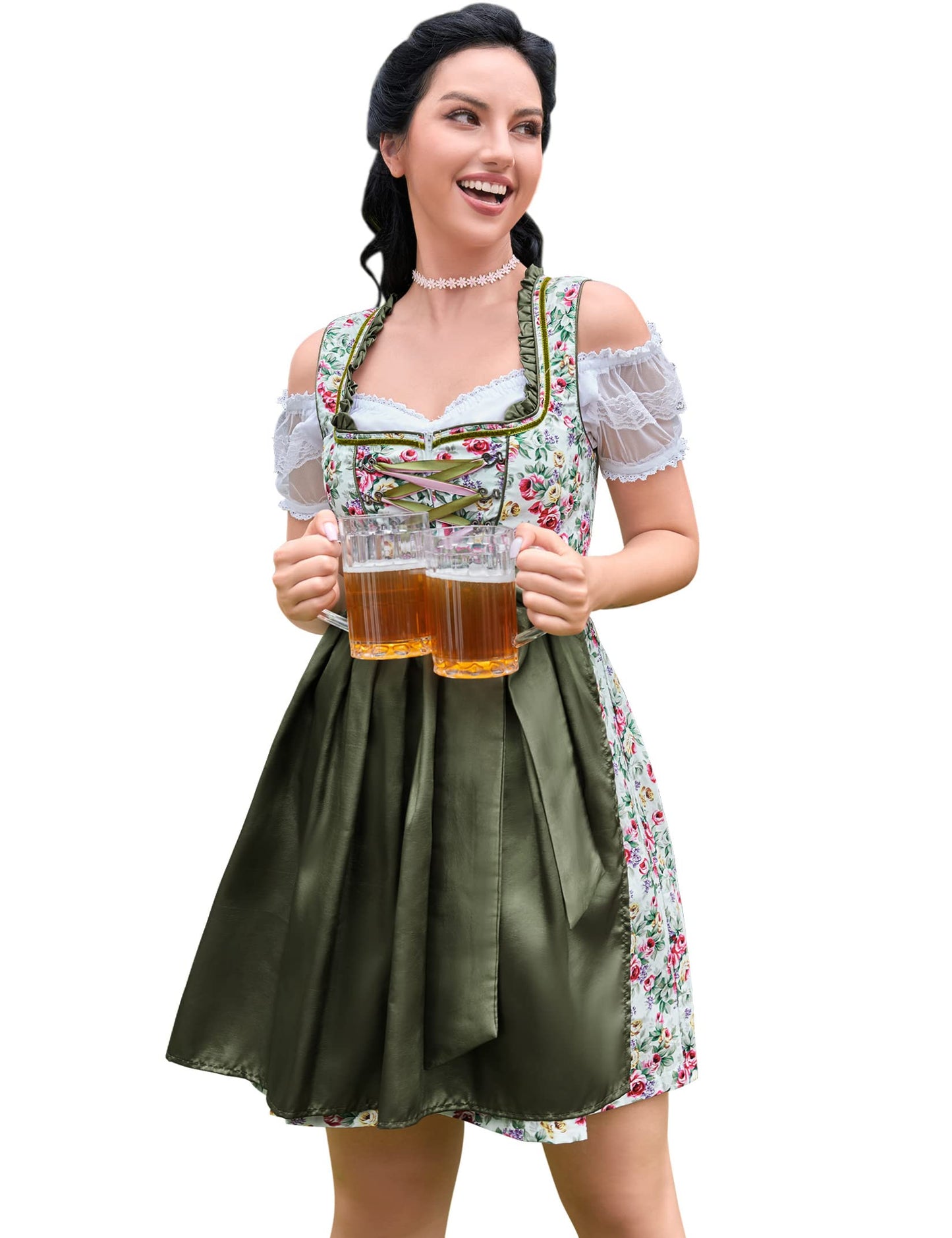 GloryStar Women German Dirndl Dress Traditional Bavarian Beer Garden 3 Pieces Oktoberfest Costumes Summer Green M