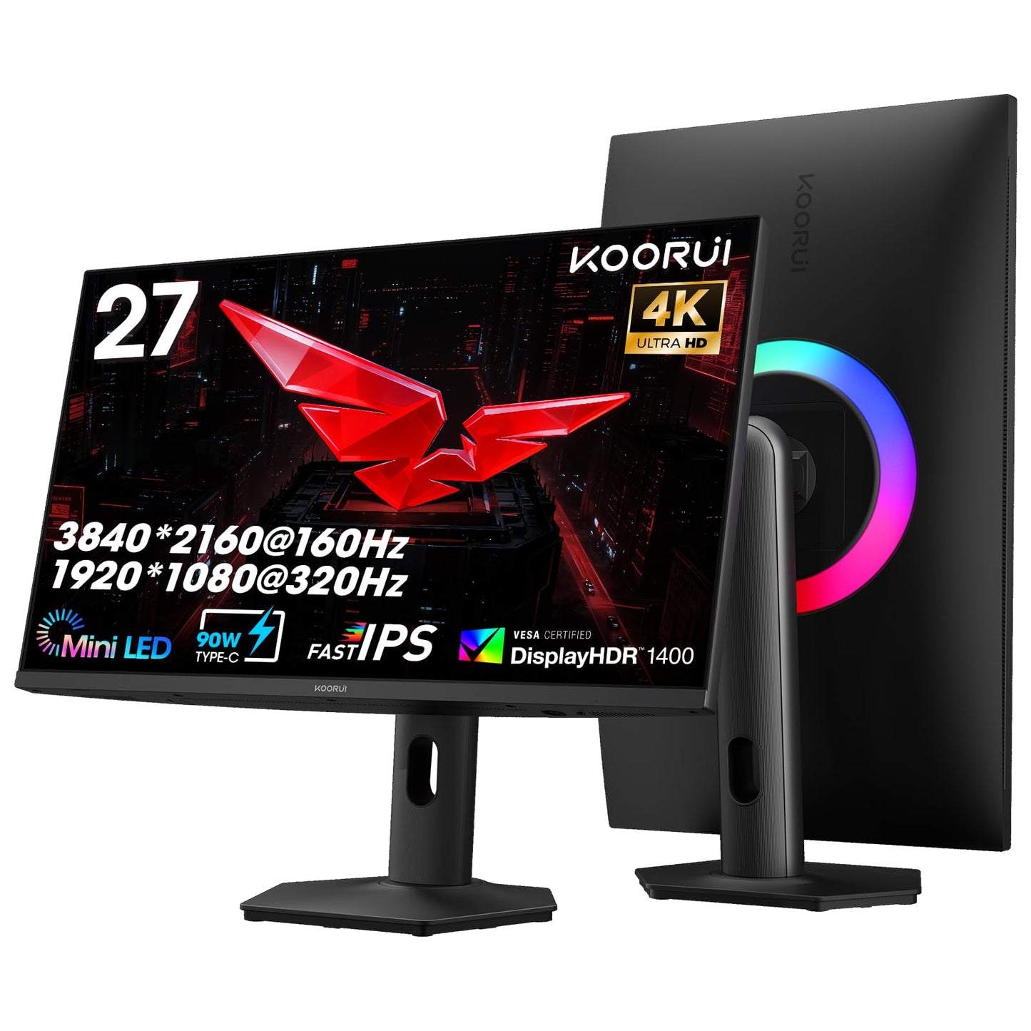 KOORUI 27 4K QD-Mini LED Gaming Monitor - Dual-Mode (UHD 160Hz or FHD 320Hz), 1ms, 99% Adobe RGB, HDR1400, 90W USB-C, HDMI 2.1/D