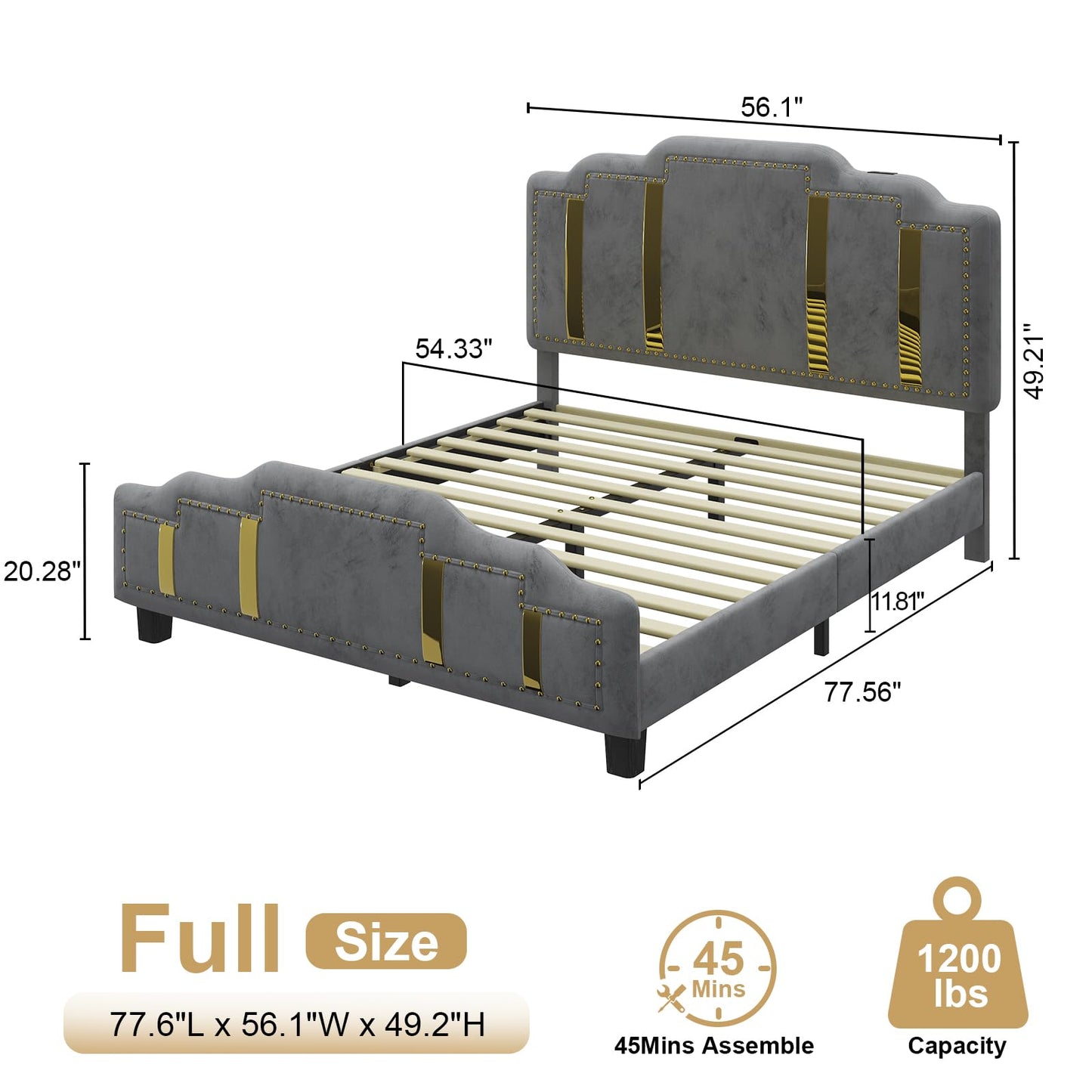 Full Size Bed Frame with Headboard, Velvet Upholstered Platform Bed Frame with Charging Station, Nailhead Trim & Shiny Decor, Solid Wood Slats Support, No Box Spring Needed, Easy Assembly, Grey