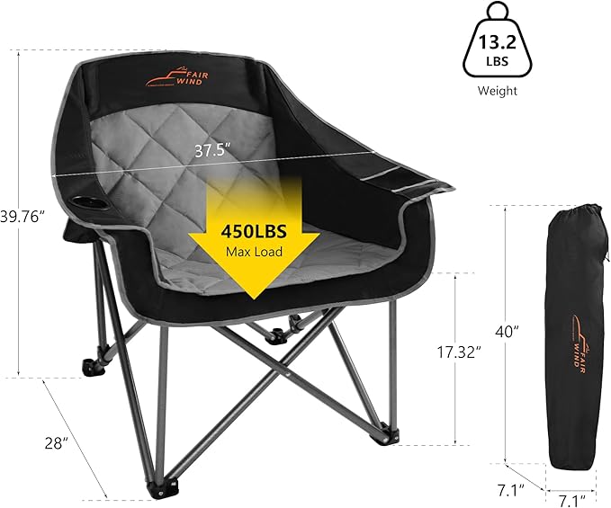 FAIR WIND 2 Pack Oversized Padded Camping Chair Heavy Duty Quad Fold Arm Chair Portable for Outdoor - Support 450LBS, Black