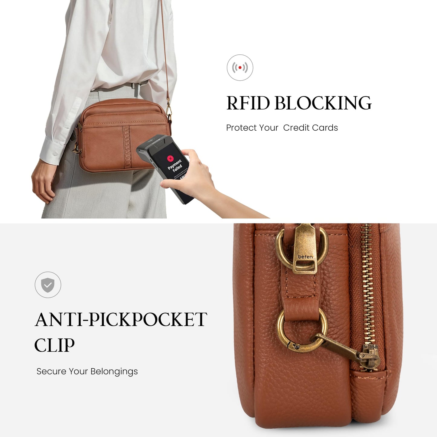 befen Rfid Crossbody Bags for Women Geniune Leather, Women's Small Anti Theft Cross Body Purse Lightweight Multi Pockets Purses Handbag - Brown
