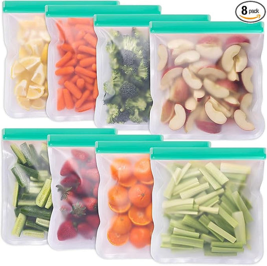8 Pack Reusable Gallon Freezer Bags Dishwasher Safe, BPA Free Reusable 1 Gallon Bags Silicone, Leakproof Storage Bags for Marinate Meats, Cereal, Vegetables, Home Organization(Green)