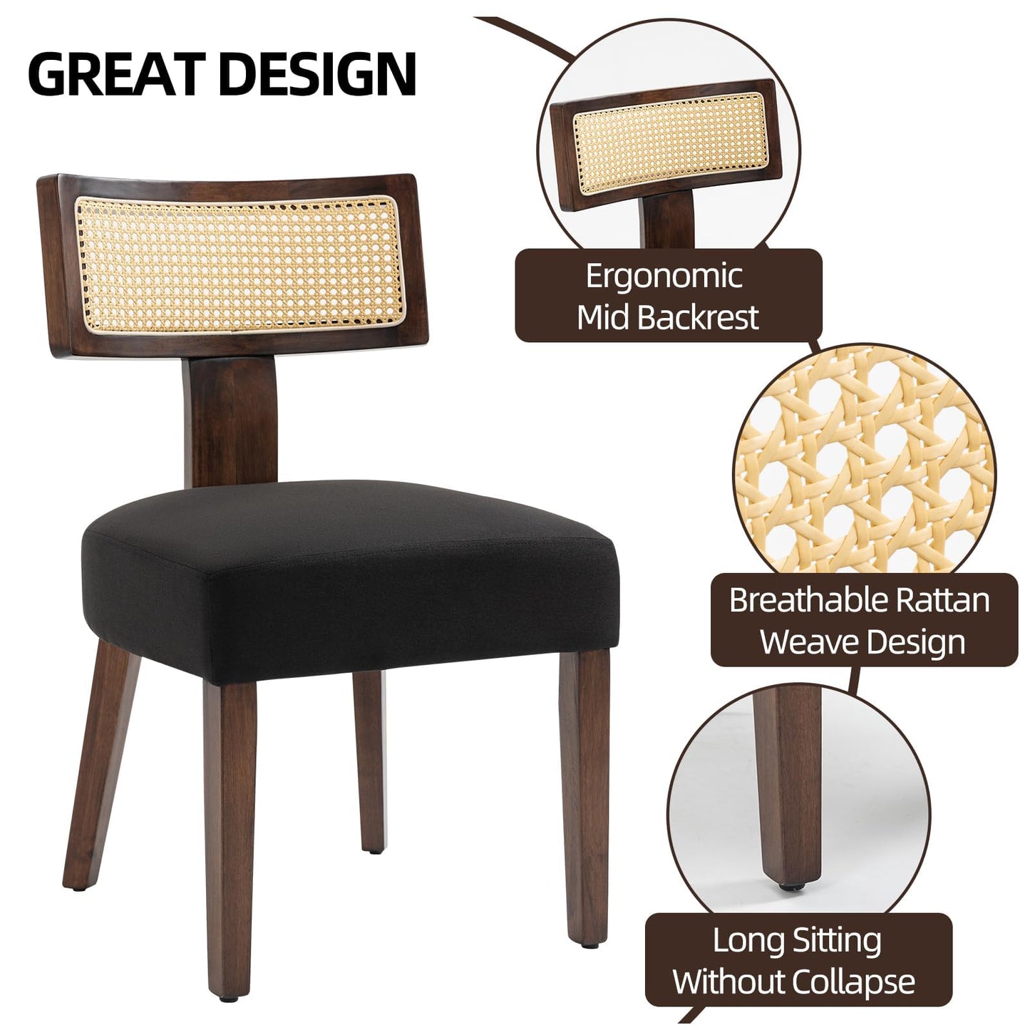 ZJhome Upholstered Rattan Dining Chairs Set of 4, Mid-Century Modern Fabric Dining Room Chairs with Brown Hardwood Frame, Curved Backrest Kitchen Armless Accent Chairs for Living Room (Black)