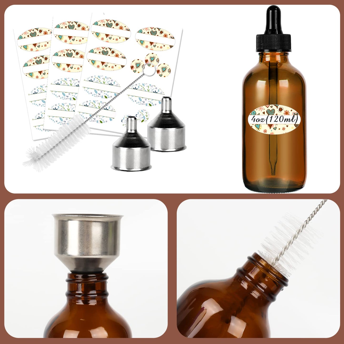 CycleMore 16 Pack (120 ml) 4 oz Amber Glass Boston Bottles with Glass Eye Droppers, Dropper Bottles for Essential Oils & Lab Chemicals & More Liquids Ideal for Mom & Friends