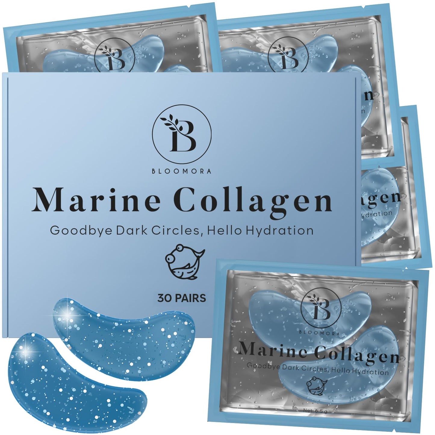 BLOOMORA Marine Collagen Under Eye Patches (30 PAIRS), For Puffy Eyes and Dark Circles, Under Eye Mask with Hyaluronic Acid & Co