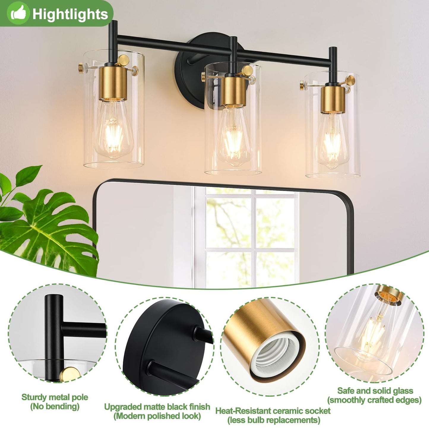 Bathroom Light Fixtures 2024 Upgrade, 3-Light Black and Gold Vanity Light, Black Bathroom Lights Over Mirror with Clear Glass Shade for Mirror Bedroom Living Room