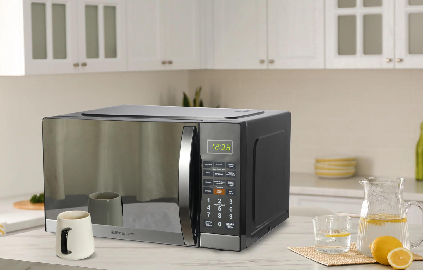Emerson MWG1191SB 1.1 Cu. Ft. Microwave with Built-In Grill Function, 1100W Power, Stainless Steel, LED Timer Display, 11 Power Levels, 9 Preset Cooking Options, Removable Glass Turntable, Child Lock