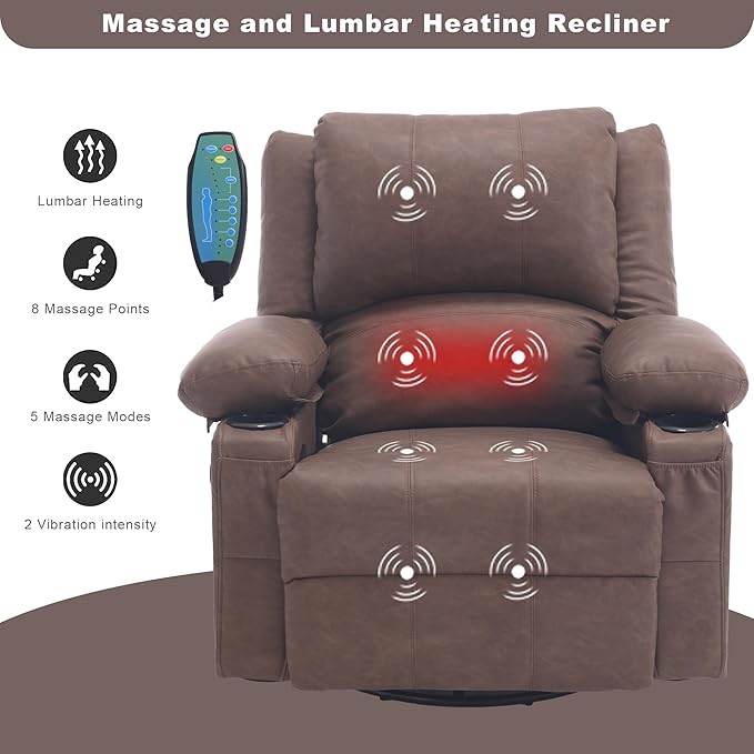 Comermax Massage Swivel Recliner with Heat, PU Leather Rocking Recliners Chair for Living Room, Modern Manual Recliner with Cup Holders, Overstuffed Single Sofa Chairs for Bedroom, Brown