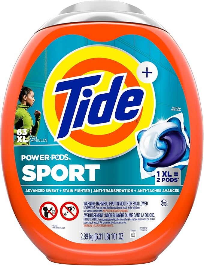 Tide Power Pods Sport Laundry Detergent Pacs, 63 Count, Advanced Sweat + Stain Fighter