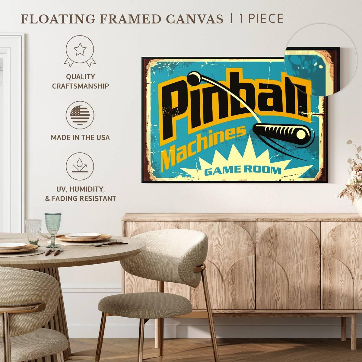 ElephantStock Pinball Machine Game Room Wall Art - Horizontal Floating Framed Canvas - 1-Piece Living Room Wall Decor - Retro Digital Art Canvas Print - Turquoise and Black Decor for Wall - 40" X 27"