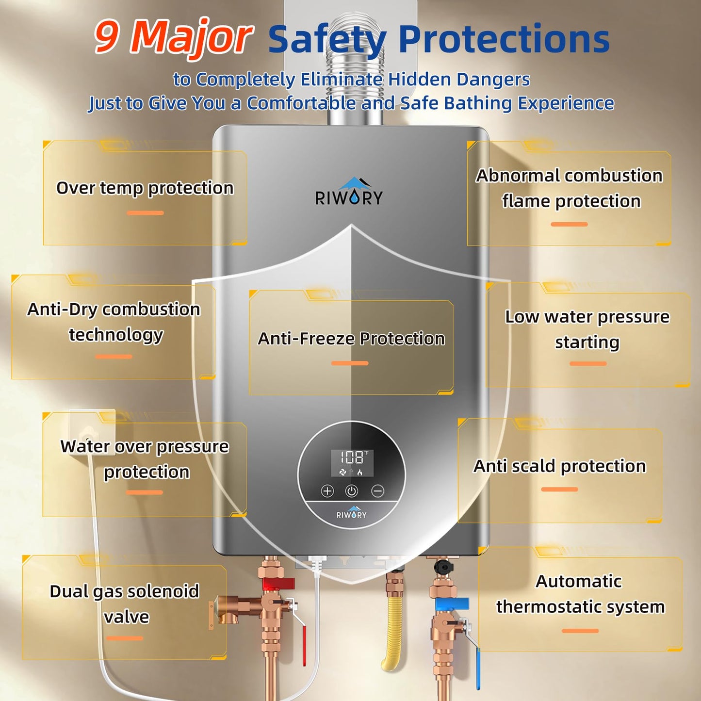 RIWORY 102000 BTU Natural Gas Tankless Water Heater, Max 4.3 GPM Intelligent Constant Indoor Instant Gas On Demand Hot Water Heater Tankless with Freeze Protection, 3/4" NPT, for 3-4 Water Points