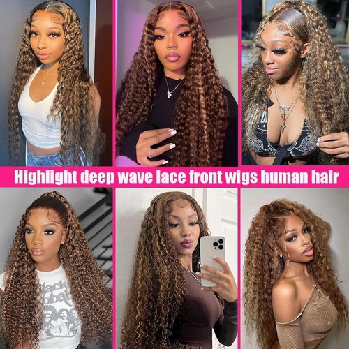 Nervoss 22 Inch Highlight Ombre Deep Wave Honey Blonde Lace Front Wigs Human Hair Pre Plucked 13X6 Transparent HD Lace Front Wigs Human Hair for Women 180% Density Curly Wig Blonde Wig