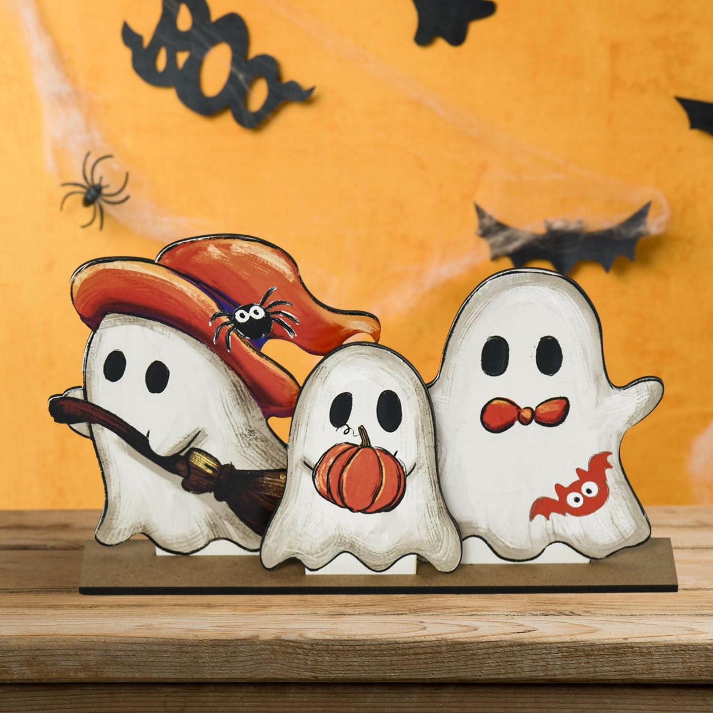 Smile Happy Halloween Wooden Table Decoration, Cute Ghost Spooky Standing Centerpieces, Indoor Decor for Desk Shelf and Party
