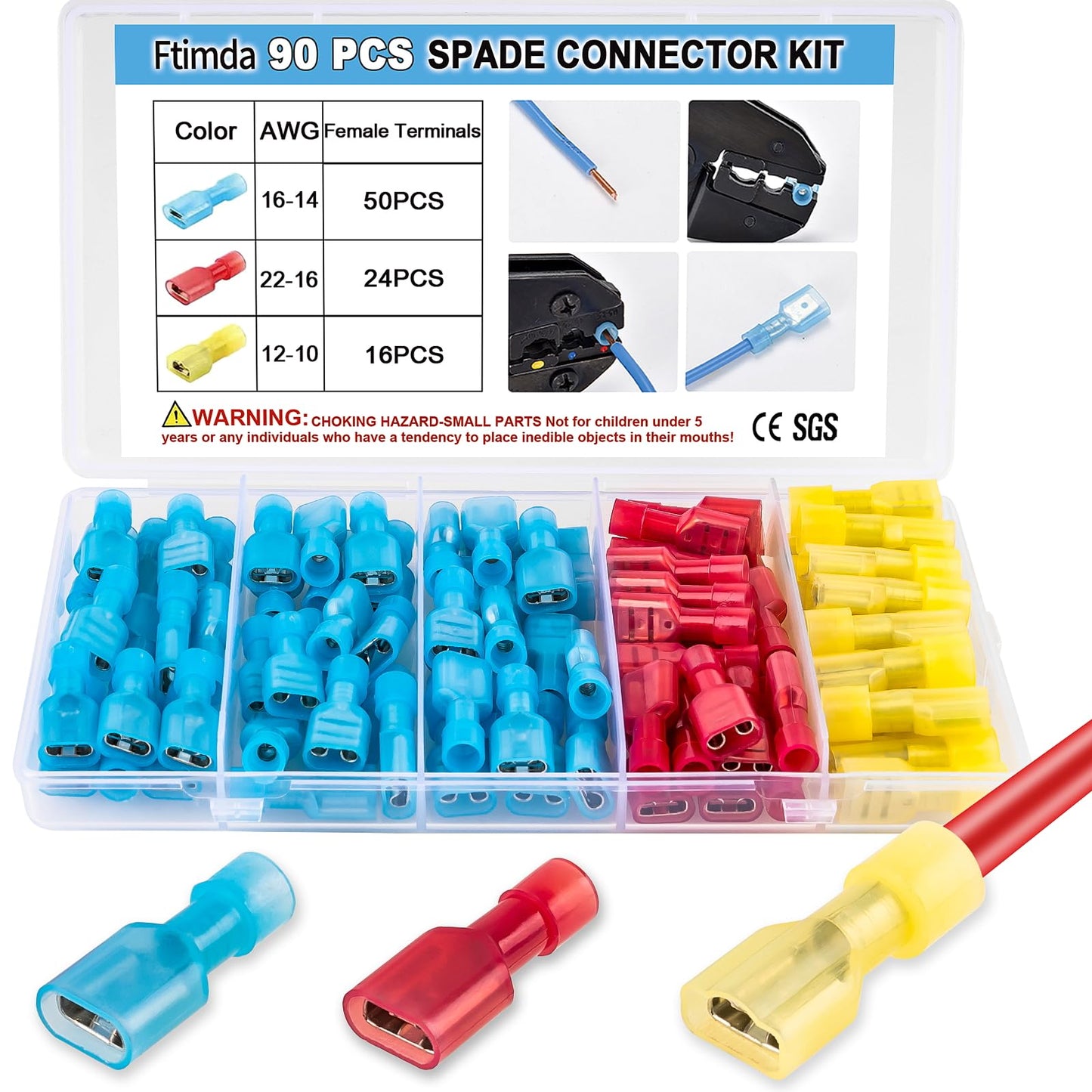 Ftimda 90PCS Female Spade Connector Kit, Nylon Spade Wire Terminal Connectors for 12-10, 16-14, 22-16 AWG Wire, Quick Disconnect Fully Insulated Crimp Terminals for Auto, Speaker and Stereo Wiring