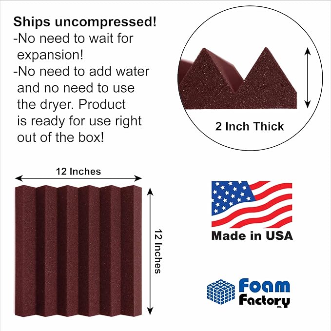 Foam Factory Inc 24 Pack Color Acoustic Foam Panel Studio Soundproofing Wedge Wall Tiles 12” X 12” X 2” (Burgundy)