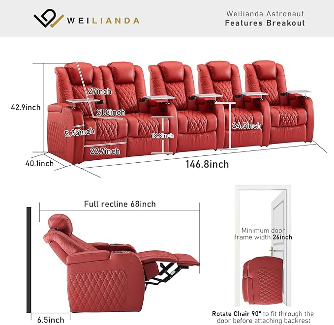Weilianda Home Theater Seating Top Grain Leather Zero Gravity Recliner Chair Power Headrest Recline Movie Seat Gaming 7 Colors Mood Light Sofa with Tray Table USB Charge Row of 5 Loveseat Left Red