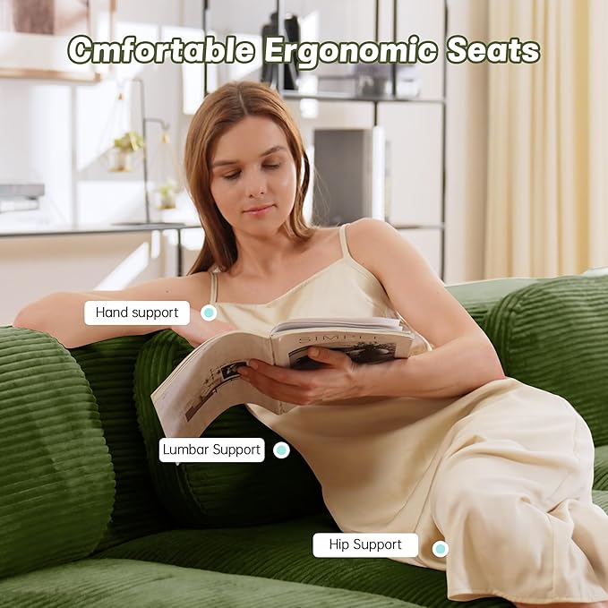 SoarFlash 117" Modern L-Shaped Modular Sectional Sofa for Living Room, Corduroy Upholstery Oversized 3-Seater Couch with Deep Seat and Movable Ottoman-No Assembly, Green