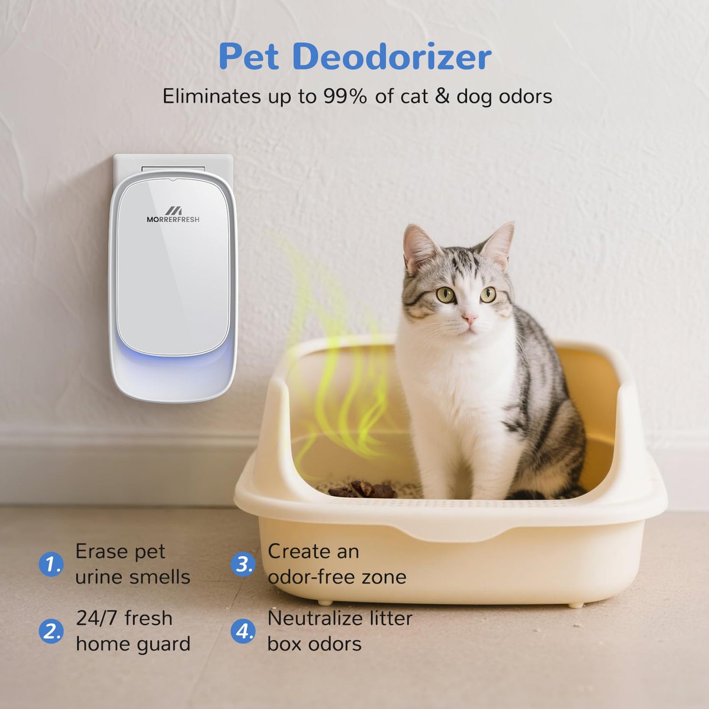 Morrerfresh Cat Litter Deodorizer - 99% Odor Eliminator For Strong Pet Odors, Plug In Negative Ion Air Purifier For Litter Box,