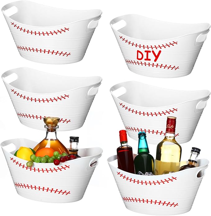 Teenyyou 6 Pcs White Baseball Plastic Ice Bucket Drink Cooler Bulk 4.5l Oval Storage Basket Tub with Handles for Summer Sp...