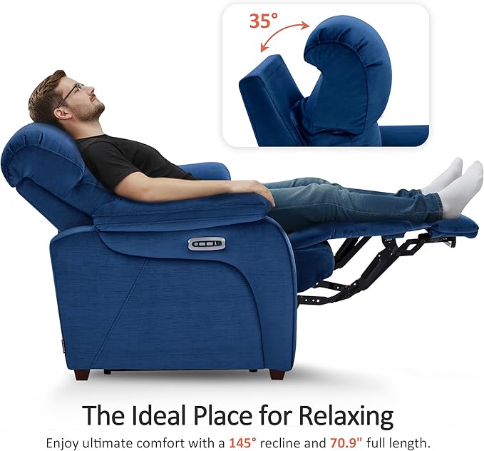 MCombo 73.8'' Wall Hugger Power Loveseat Recliner, Reclining Loveseat with Console, Adjustable Headrest, USB Charge Ports, Cup Holders, for Living Room, RVs, Small Spaces, Fabric ST258M2 (Navy Blue)