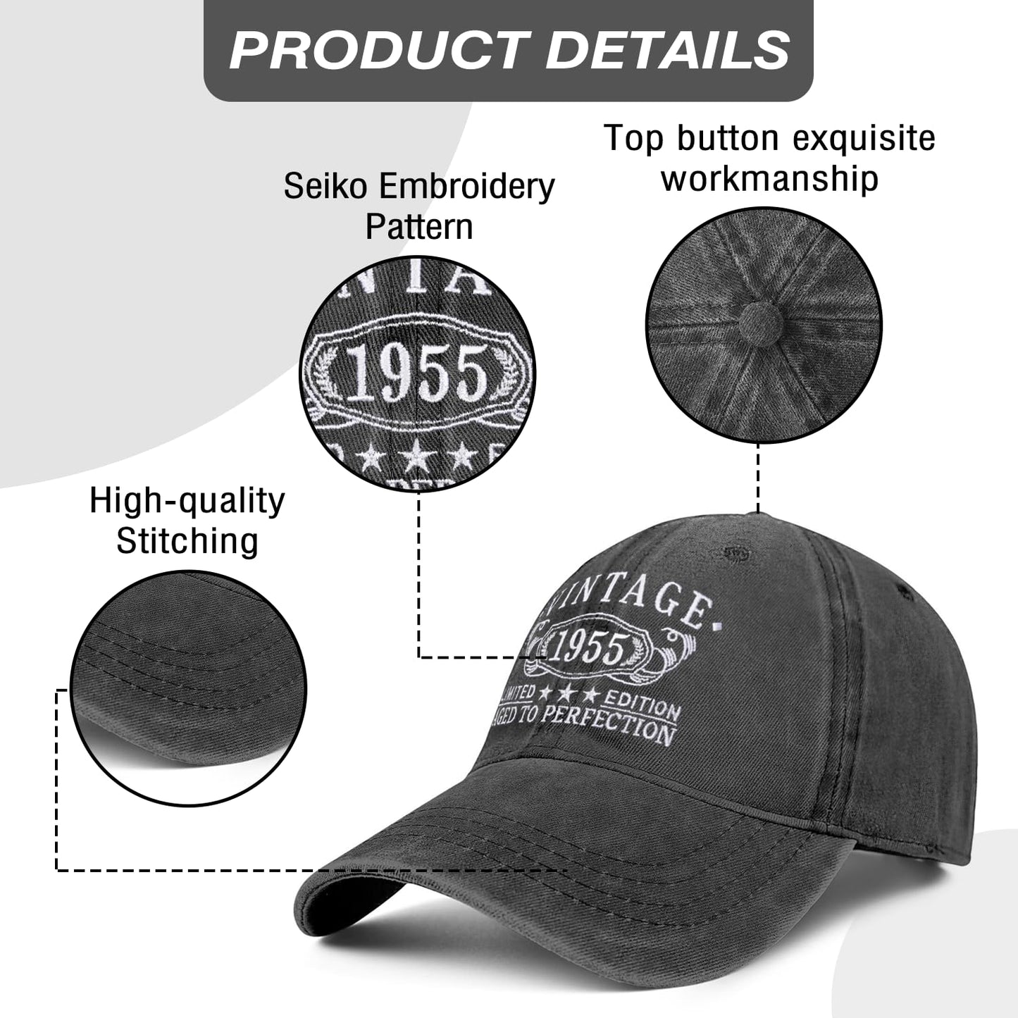70th Birthday Gifts for Men Dad Women Unique Cool Vintage 1955 Funny Baseball Cap Happy Gifts Ideas (Black)