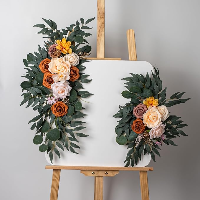 AitnWoy Artificial Wedding Arch Flowers Kit 2 PCS Dust Rose Flowers Silk Peony Floral Swag Welcome Sign for Wedding Ceremony Party Home Garland Decor (Brownish)